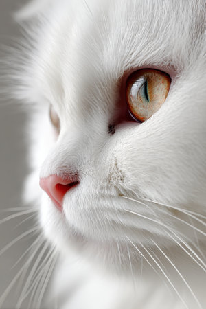 Adorable Fluffy White Cat with Bright Green Eyes Posing Gracefully in a Cozy Indoor Settingの素材