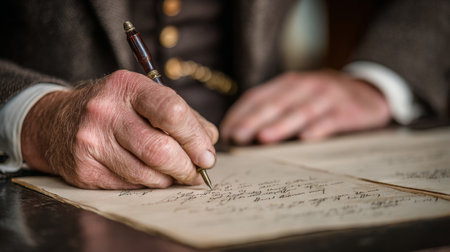 Hands Holding a Pen Over Handwritten Documents Symbolizing Commitment, Authentication, and Historyの素材