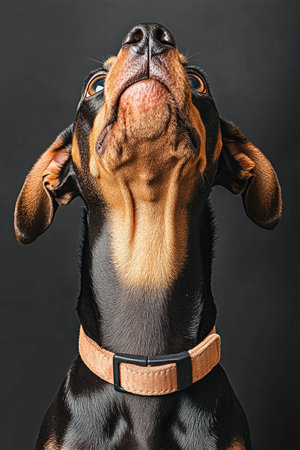 Majestic Doberman Dog Portrait with Captivating Eyes Against a Minimalist Gray Background for Artの素材