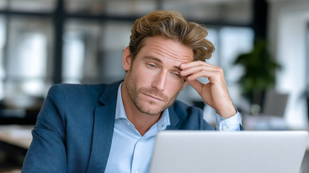 Overwhelmed businessman facing workplace challenges, experiencing mental fatigue at his desk.の素材