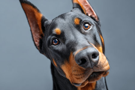 Elegant Portrait of a Graceful Doberman Pinscher with Engaging Expression in Gray Backgroundの素材