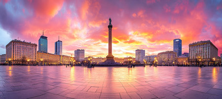 Stunning Urban Landscape Featuring Monumental Architecture Beneath a Dramatic, Vibrant Sunset Skyの素材