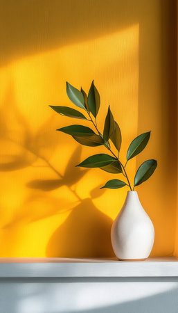 White Vase with Green Leaves Casting Shadows on a Bright Yellow Wall, Modern Still Life Decorの素材
