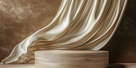 Elegant Scene of Creamy-White Satin with Wooden Display Stand and Textured Interior Design Ideasの素材
