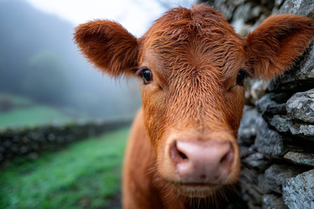 Close Up of a Red Devon Cow Gracefully Posing Amidst a Lush Green Forest Landscape in Natureの素材