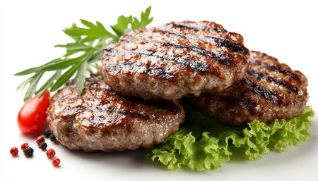 Juicy Grilled Hamburger Patties Isolated on White Background, Perfectly Cooked for Culinary Delightsの素材