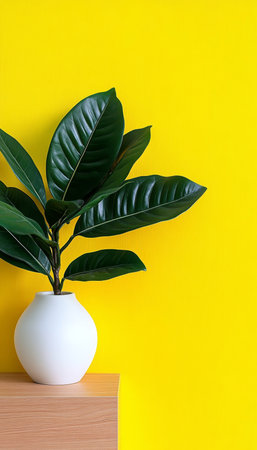 Botanical Beauty Lush Green Leaves in a White Vase, Bright Yellow Wall Enhancing Minimalist Decorの素材