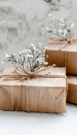 Cozy Christmas Stacked Gifts with Rustic Brown Wrapping and Delicate White Florals for Festive Vibesの素材