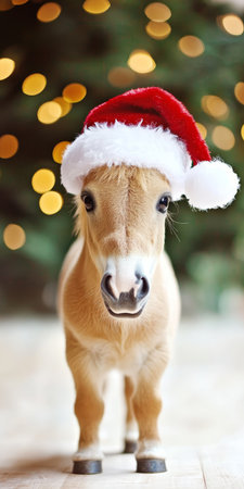 Cute pony foal in a Santa hat with colorful holiday lights and decorations in the background.の素材