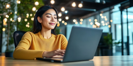 Young Asian Female Worker Relaxing at Her Modern Office Workstation with Soft Ambient Lightingの素材