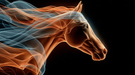 Majestic Horse Head Emerging from Whirling Smoke and Fiery Flames, Stunning Abstract Artwork Displayの素材