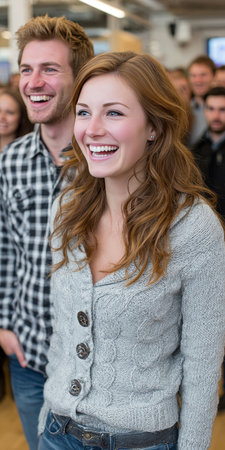 Cheerful colleagues celebrating a successful project together, sharing smiles and positive energyの素材