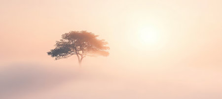 A solitary majestic tree rising through a mystic cloudscape at sunrise, evoking deep tranquility.の素材