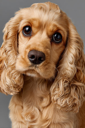 Charming Cocker Spaniel Puppy in Close-up Photography on Soft Gray Background for Pet Loversの素材