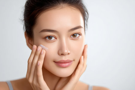 Radiant Beauty of an Asian Woman with Porcelain Skin Applying Skin Care for a Youthful Glowの素材