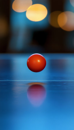 Red Ping Pong Ball Hovering Above a Blue Table with Abstract Lights and Vivid Sports Colors.の素材