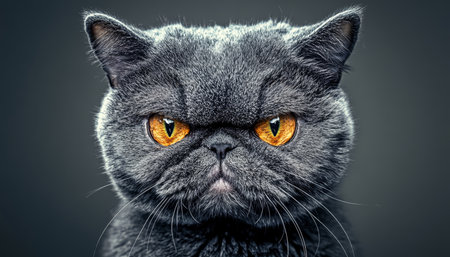 Intense Feline Stare Moody Portrait of a Grey Cat with Striking Orange Eyes on Neutral Backgroundの素材