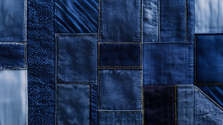 Unique indigo denim patches highlight sustainable upcycling for stylish fashion backdrops.の素材