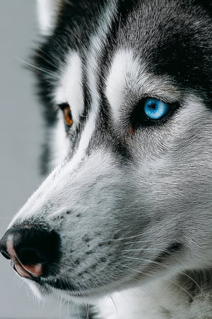 Close-Up Portrait of a Siberian Husky with Striking Blue Eyes Against a Soft Gray Backgroundの素材