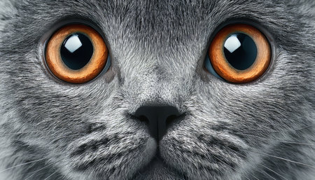 Stunning Portrait of a Scottish Fold Cat with Intense Eye Contact on a Soft Light Gray Backgroundの素材