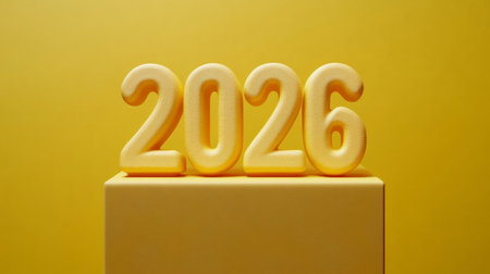 Bright Yellow Numbers 2026 Displayed Against a Clean Background, Symbolizing Future Hopes and Eventsの素材