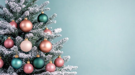 Elegant Holiday Emerald Green Christmas Tree Decorated with Copper Balls and Festive Ornamentsの素材