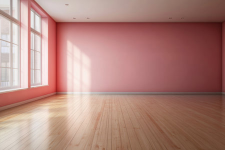Bright and Airy Empty Pink Room with Hardwood Flooring, Sunlight Streaming In, Minimalist Designの素材
