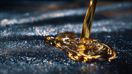 Golden Viscous Liquid Flowing Over Obsidian Surface Creating Artistic Reflections and Poolsの素材