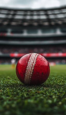 A vibrant cricket ball on lush green grass, eagerly waiting for the game to begin in stadium.の素材