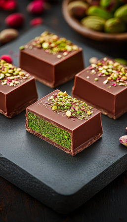 Artisan Chocolate Delights Elegant Squares with Pistachio Nut Center for Visual Indulgenceの素材