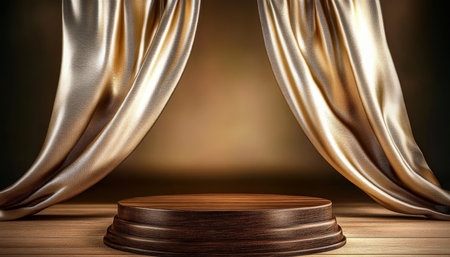 Stunning Golden Cloth Canopy Background Over Stage Display, Evoking Luxury and Elegant Atmosphereの素材