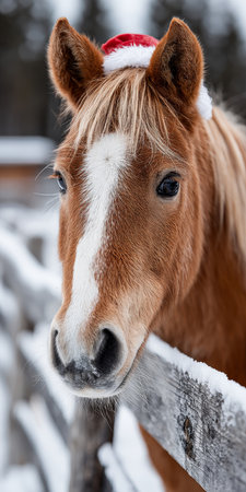 Cheerful Horse in a Winter Wonderland, Wearing a Festive Red Christmas Hat Amidst Snowy Landscapeの素材