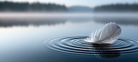 A Serene Feather Drifting Gracefully on Calm Waters, Creating Soft Ripples and Beautiful Reflectionsの素材