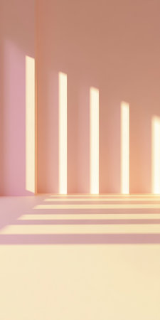 Stylish studio backdrop with pink wall and floor corner, sunlight beams and geometric shadows.の素材