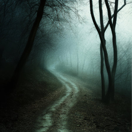 Mysterious winding forest path shrouded in magical fog, inviting exploration of the unknown woods.の素材
