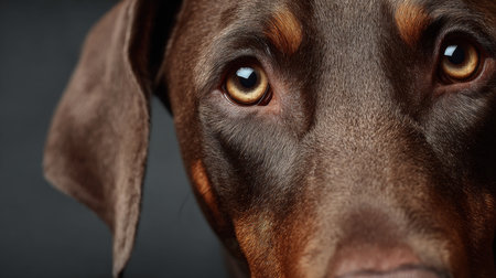 Beautiful Close Up of a Chocolate Doberman Pinscher with Expressive Eyes in a Studio Settingの素材