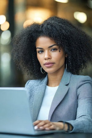 Focused woman working on laptop at modern workplace, thoughtful entrepreneur using tech for strategyの素材