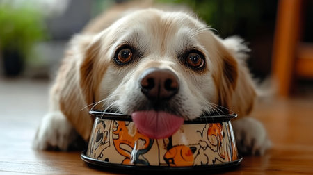 Brown dog enjoys a tasty meal while resting its head on a decorative food bowl, looking at camera.の素材
