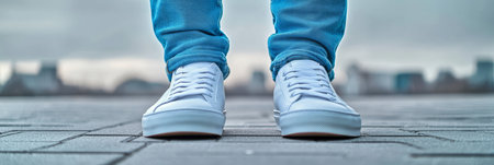Fashionable Young Man Struts Down Urban Street in Stylish Jeans and White Sneakers for Casual Lookの素材