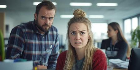 Tense Office Conflict Coworker Hovers Over Distressed Colleague Amid Rising Anxiety and Stressの素材