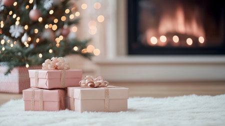 Cozy Christmas Scene with Pink Gift Boxes, Glowing Tree, and Warm Fireplace for Holiday Cheerの素材