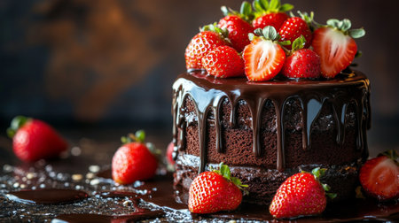 Decadent chocolate cake topped with fresh strawberries, a delightful dessert for any occasionの素材