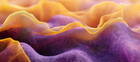 Abstract Flowing Silk in Ethereal Motion, Vibrant Purple and Yellow Waves, Elegance of Color Playの素材