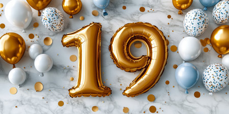 Festive Nineteenth Birthday Celebration with Colorful Balloons and a Number 19 Foil Balloon Decorの素材