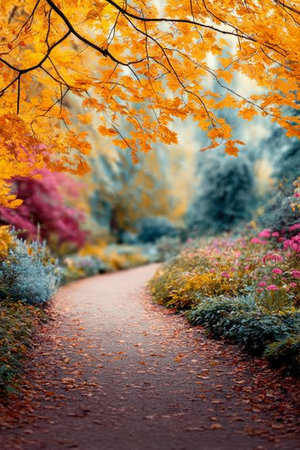 A Charming Path Through a Vibrant Arboretum in Autumn with Colorful Tree Canopies and Foliageの素材