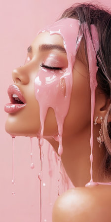 Stunning Profile of a Woman with Artistic Makeup Featuring Pink Dripping Paint and Liquid Dropsの素材