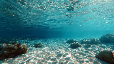 Breathtaking Underwater Scene with Vibrant Coral Islands, Sunlight Dancing on Sandy Seabed Belowの素材