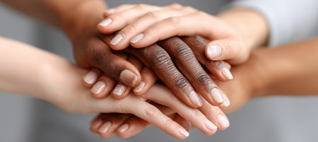 Diverse Hands United in Community Collaboration, Symbolizing Support, Togetherness, and Successの素材