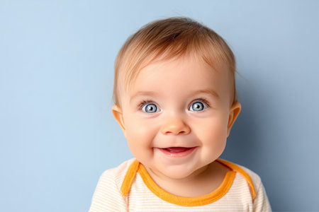 Adorable baby with big blue eyes looking at the camera, sweet smile, innocent face, charming poseの素材