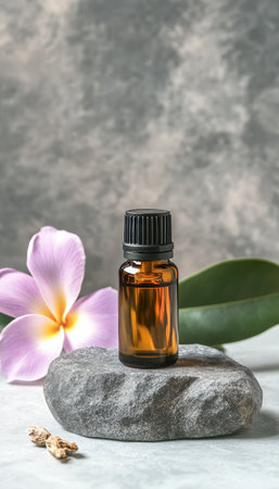 Amber Essential Oil in Glass Bottle on Natural Stone with Tropical Flower for Aromatherapy Healingの素材